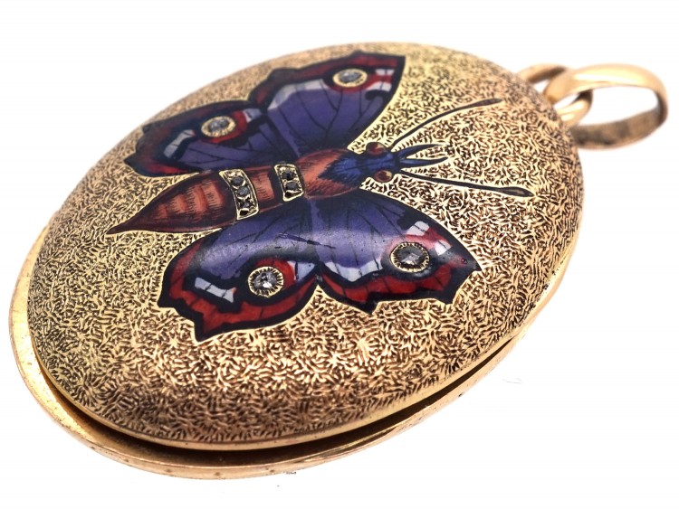Victorian 15ct Gold Oval Locket with Enamel & Diamond Butterfly