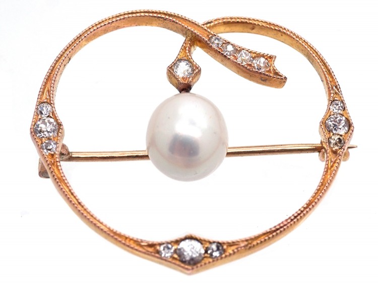 Edwardian 18ct Gold, Pearl & Diamond Heart Shaped Brooch