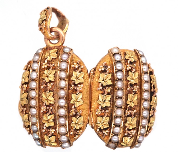 Regency Two Colour 18ct Gold & Natural Split Pearl Ivy Leaf Design Locket