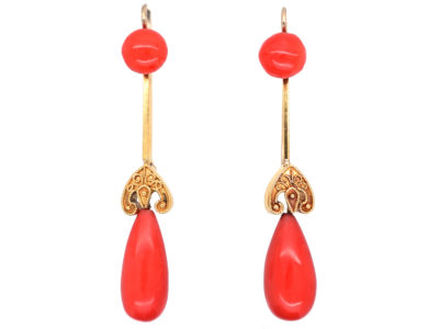 Victorian 18ct Gold & Coral Drop Earrings