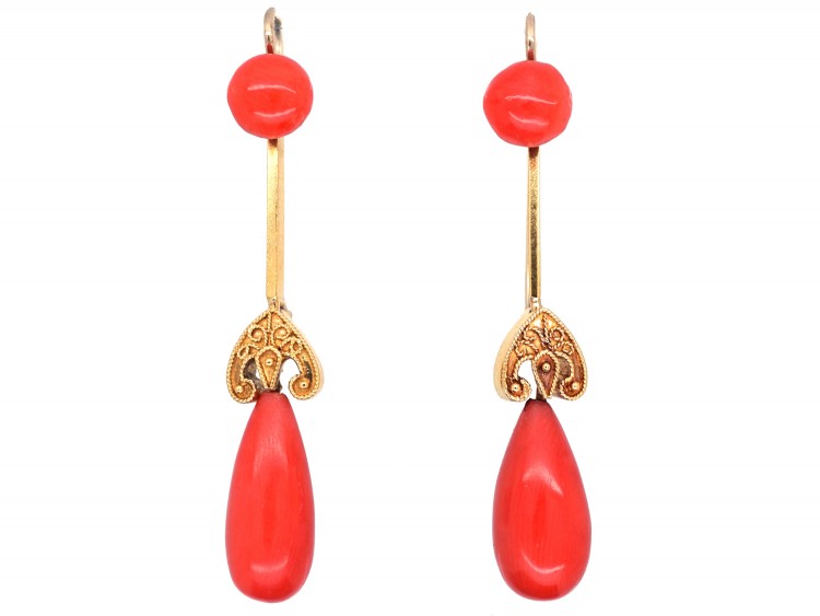 Victorian 18ct Gold & Coral Drop Earrings