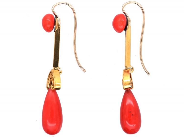 Victorian 18ct Gold & Coral Drop Earrings
