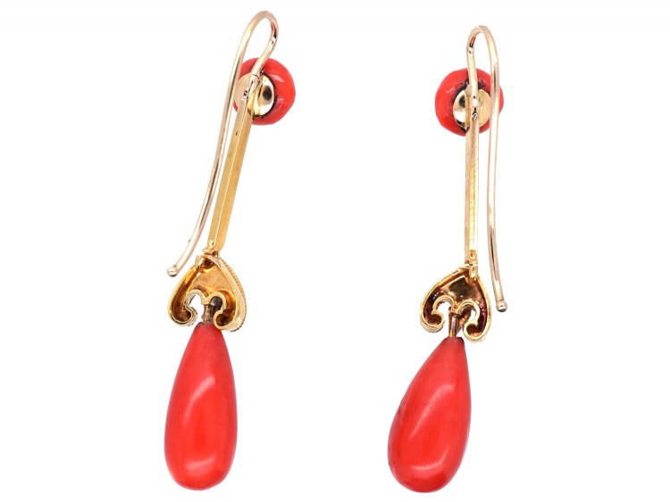 Victorian 18ct Gold & Coral Drop Earrings