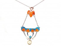 Art Nouveau Silver, Pearl, Turquoise & Enamel Pendant on Silver Chain
