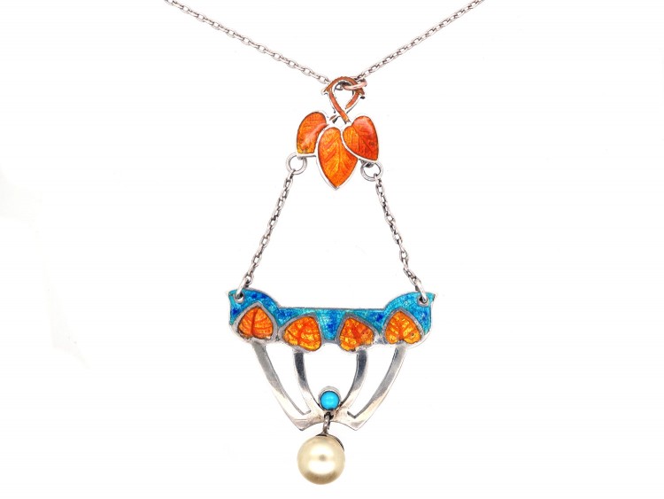Art Nouveau Silver, Pearl, Turquoise & Enamel Pendant on Silver Chain