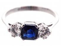 Art Deco 18ct White Gold Three Stone Sapphire & Diamond Ring