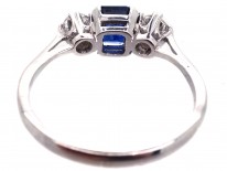 Art Deco 18ct White Gold Three Stone Sapphire & Diamond Ring