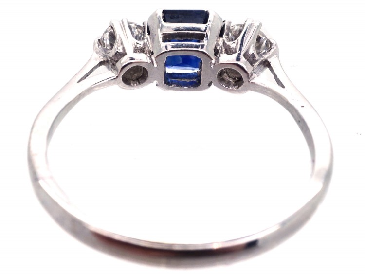 Art Deco 18ct White Gold Three Stone Sapphire & Diamond Ring