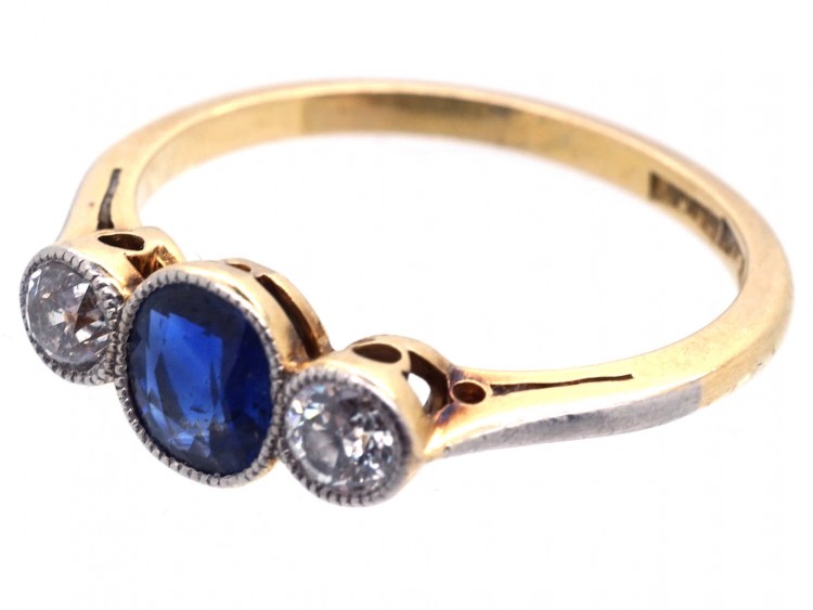 Sapphire & Diamond Millegrain Set Three Stone Ring