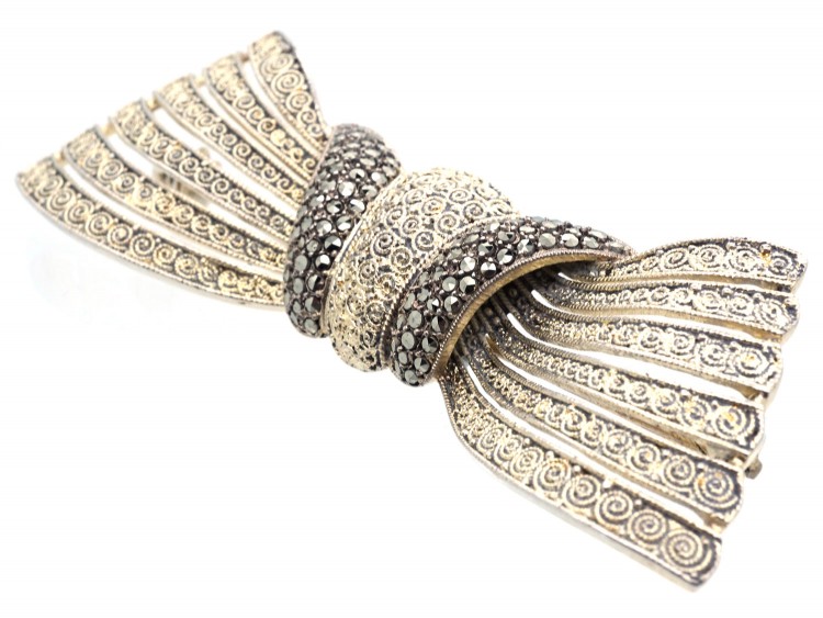 Theodor Fahrner Large Silver Gilt & Marcasite Bow Brooch