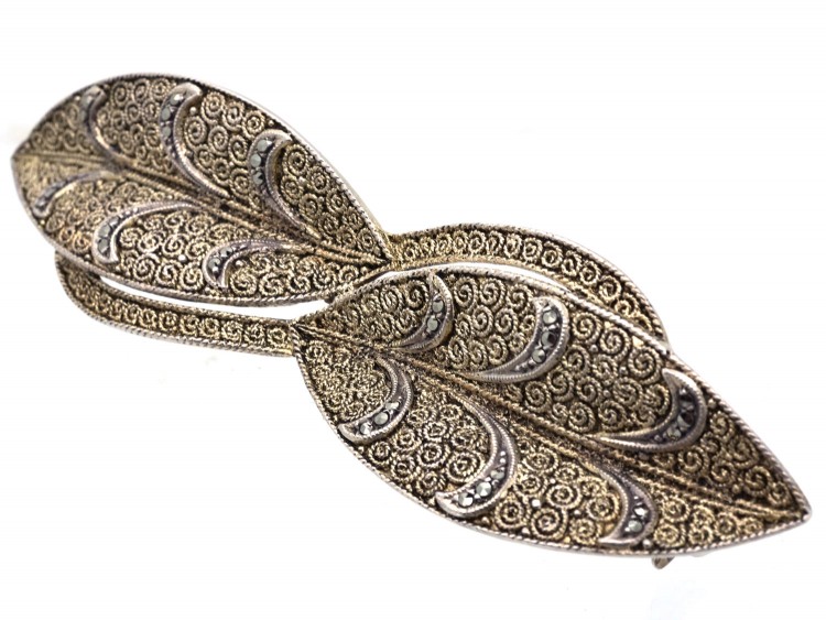 Theodor Farhner Silver Gilt & Marcasite Double Leaf Brooch