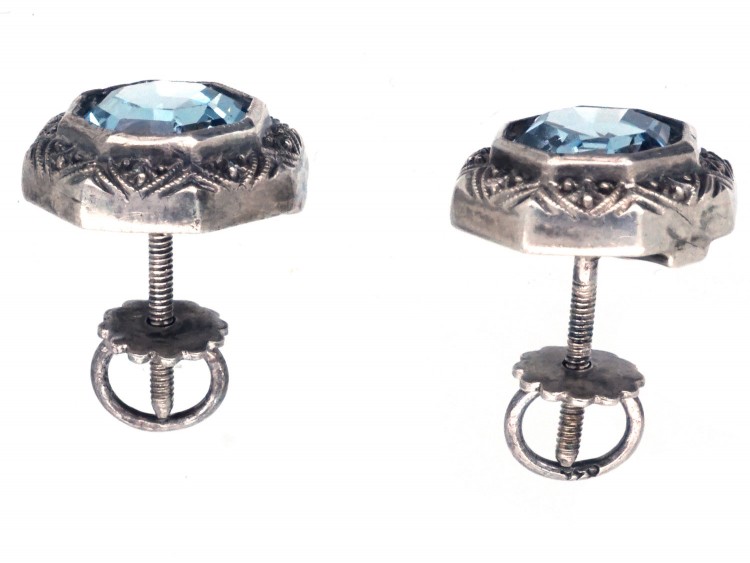 Art Deco Silver & Blue Paste Earrings