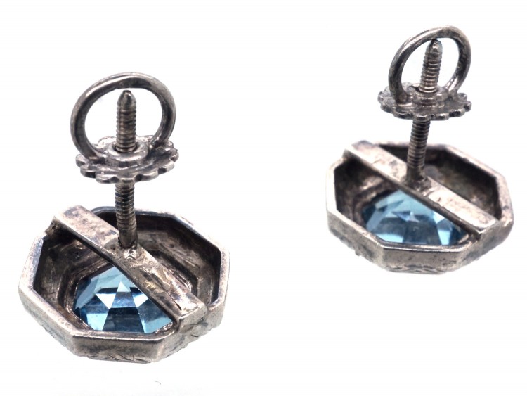 Art Deco Silver & Blue Paste Earrings