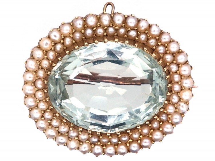 Edwardian Natural Split Pearl ​& Aquamarine Oval Brooch