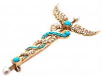 Edwardian 15ct Gold, Turquoise & Natural Split Pearl Caduceus Brooch