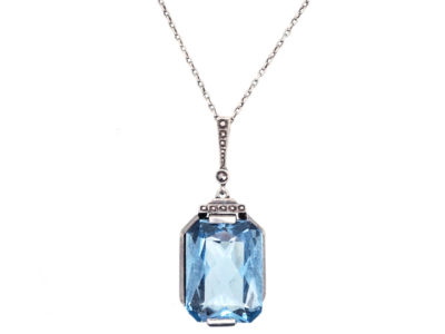 Art Deco Silver & Blue Paste Pendant on Silver Chain