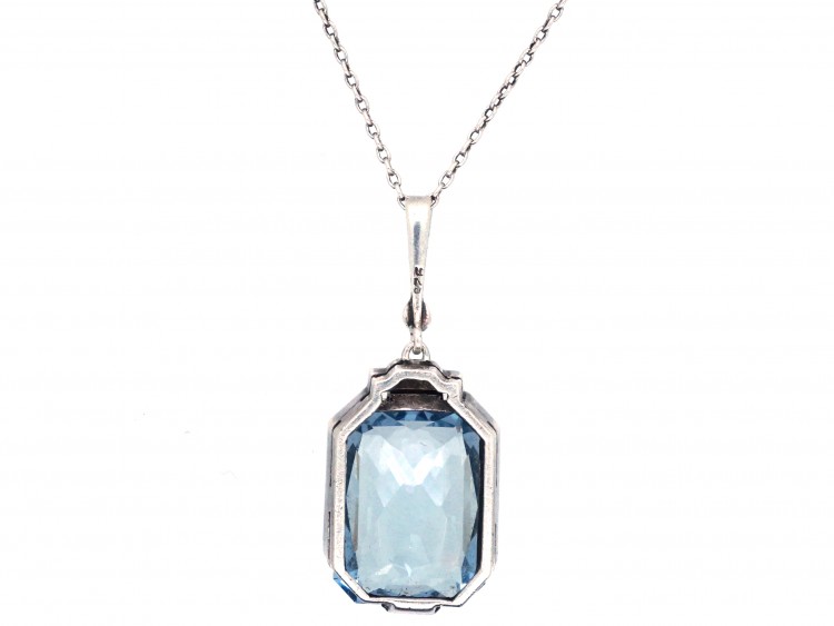 Art Deco Silver & Blue Paste Pendant on Silver Chain