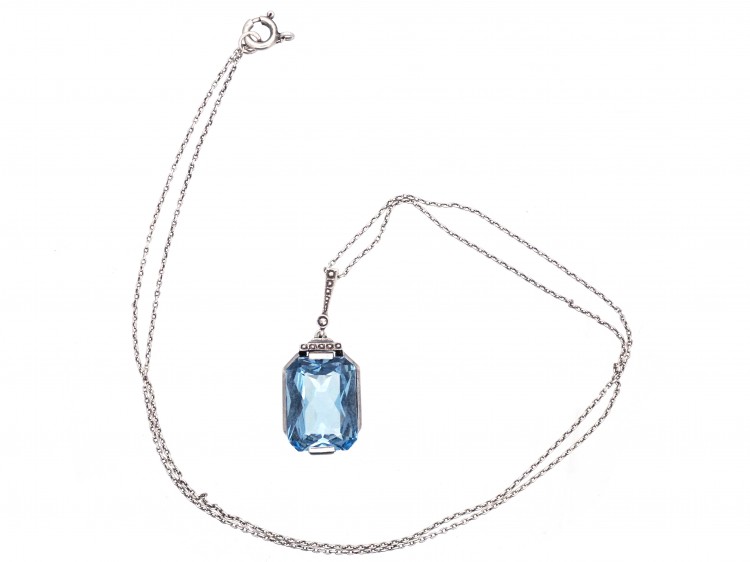 Art Deco Silver & Blue Paste Pendant on Silver Chain