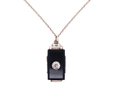 Art Deco Silver, Onyx & Diamond Pendant on Silver Chain