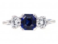 Art Deco 18ct White Gold Three Stone Sapphire & Diamond Ring