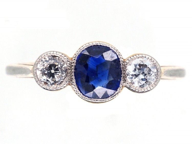 Sapphire & Diamond Millegrain Set Three Stone Ring