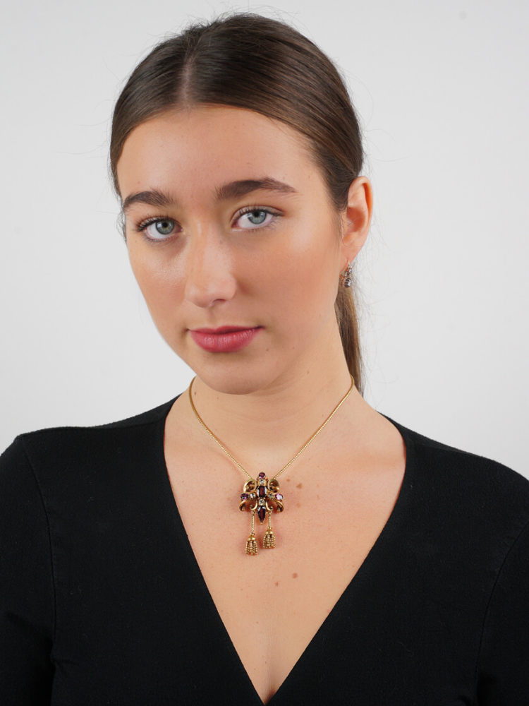 Victorian 18ct Gold, Garnet & Chrysolite Pendant with Two Drops on Snake Chain