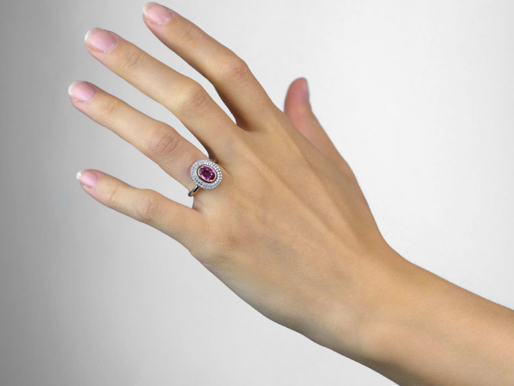 Platinum, Pink Sapphire & Diamond Oval Cluster Ring