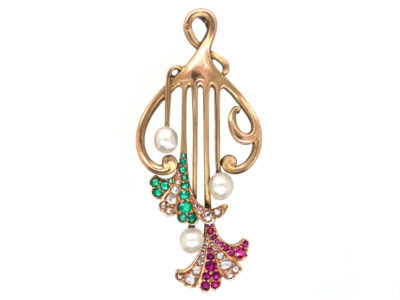Art Nouveau French 18ct Gold,Ruby, Emerald, Diamond & Natural Pearl Pendant Art Nouveau French 18ct Gold,Ruby, Emerald, Diamond & Natural Pearl Pendant