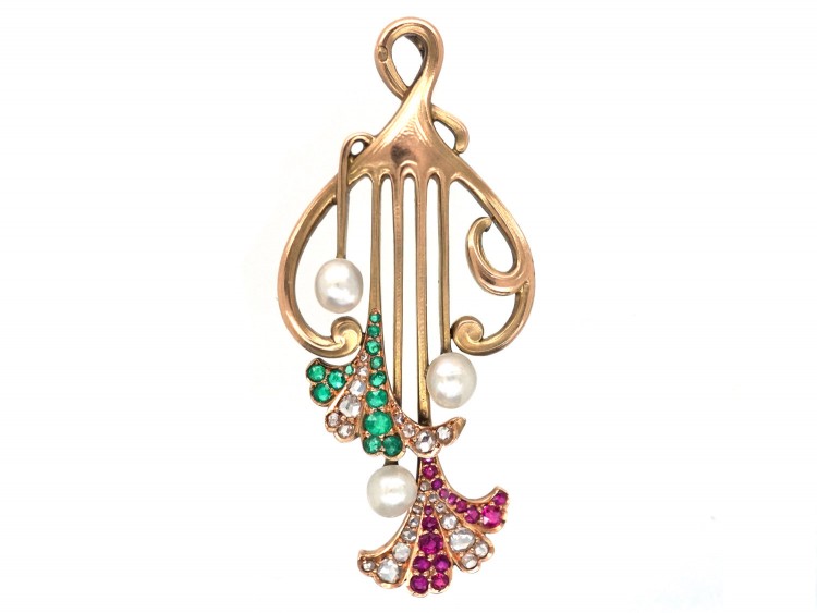 Art Nouveau French 18ct Gold,Ruby, Emerald, Diamond & Natural Pearl Pendant