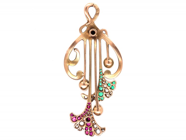 Art Nouveau French 18ct Gold,Ruby, Emerald, Diamond & Natural Pearl Pendant