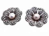 Silver, Bouton Pearl & Marcasite Earrings