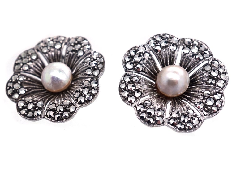 Silver, Bouton Pearl & Marcasite Earrings