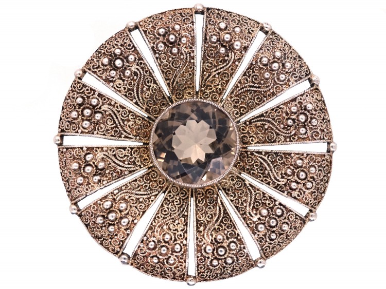 Theodor Farhner Art Deco Silver & Smoky Quartz Round Brooch