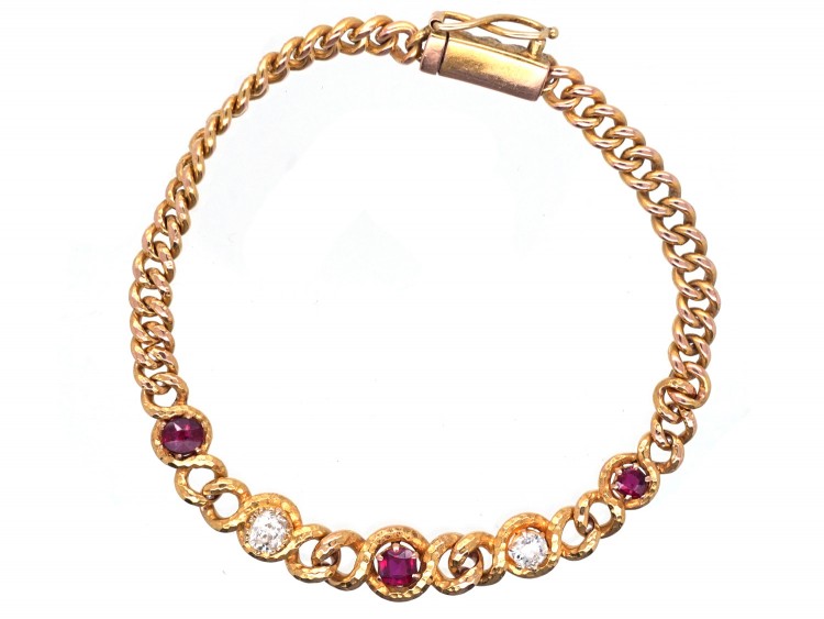 Edwardian 14ct Gold Ruby & Diamond Curb Bracelet