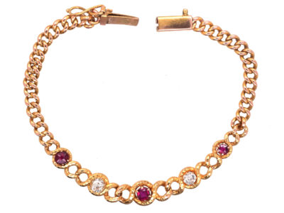 Edwardian 14ct Gold Ruby & Diamond Curb Bracelet