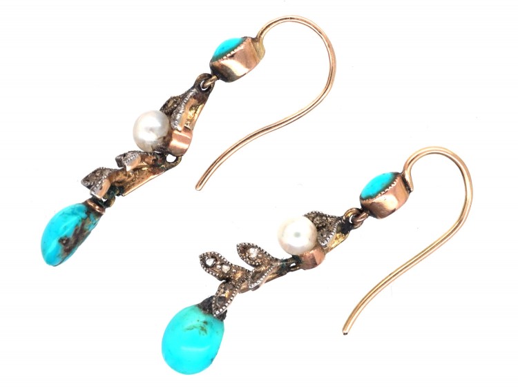 Edwardian Turquoise, Natural Pearl & Rose Diamond Drop Earrings