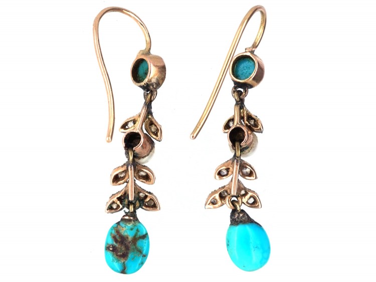 Edwardian Turquoise, Natural Pearl & Rose Diamond Drop Earrings
