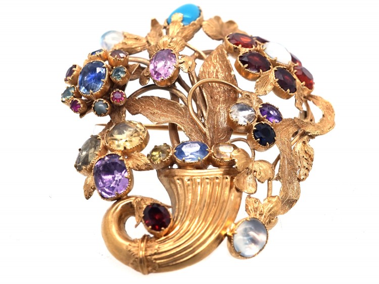 18ct Gold Large Georgian Cornucopia Brooch set with Precious Gemstones