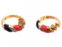 14ct Gold, Coral, Lapis Lazuli & Diamond Hoop Earrings