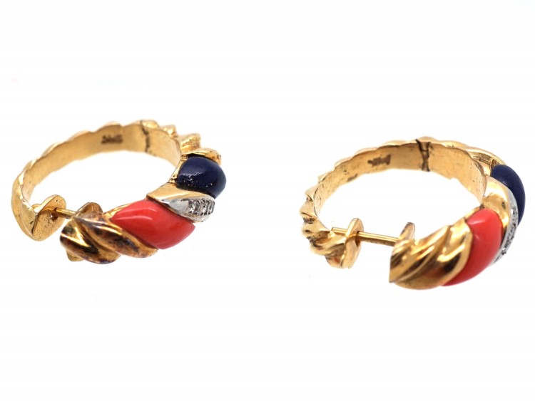 14ct Gold, Coral, Lapis Lazuli & Diamond Hoop Earrings