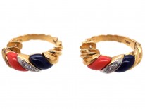 14ct Gold, Coral, Lapis Lazuli & Diamond Hoop Earrings