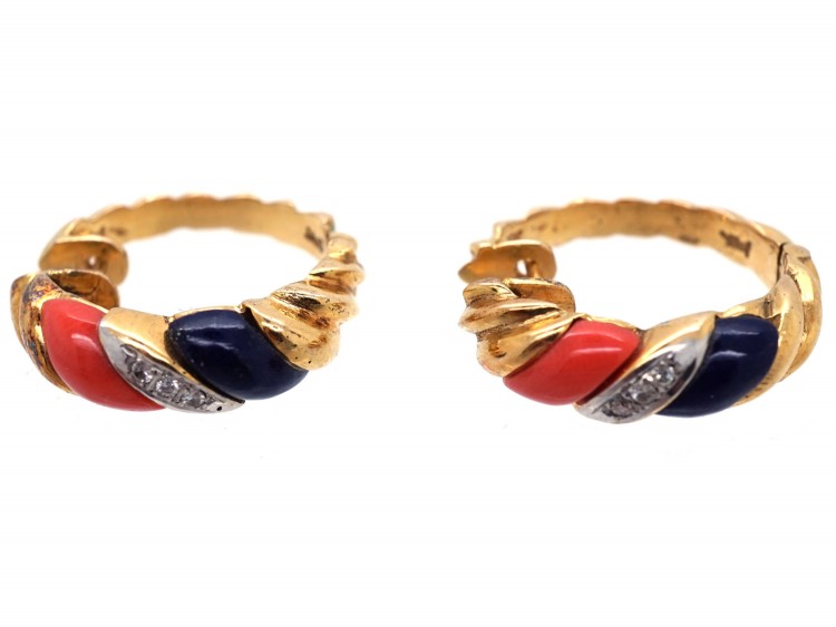14ct Gold, Coral, Lapis Lazuli & Diamond Hoop Earrings