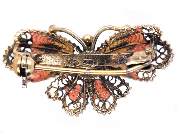 Silver Filigree & Orange Enamel Butterfly Brooch