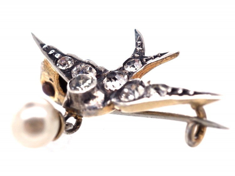 Edwardian Small Silver & Paste Swallow Brooch