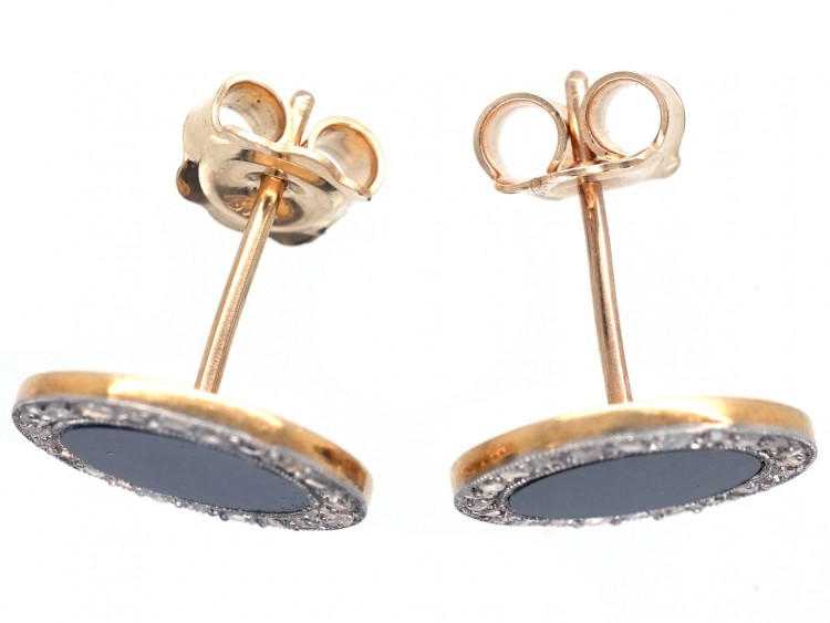 18ct Gold & Platinum Art Deco Onyx & Rose Diamond Round Earrings