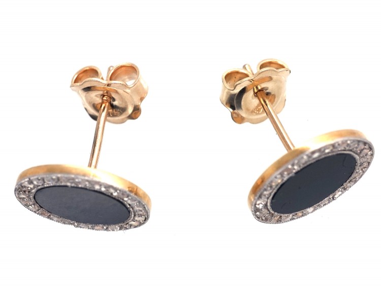 18ct Gold & Platinum Art Deco Onyx & Rose Diamond Round Earrings