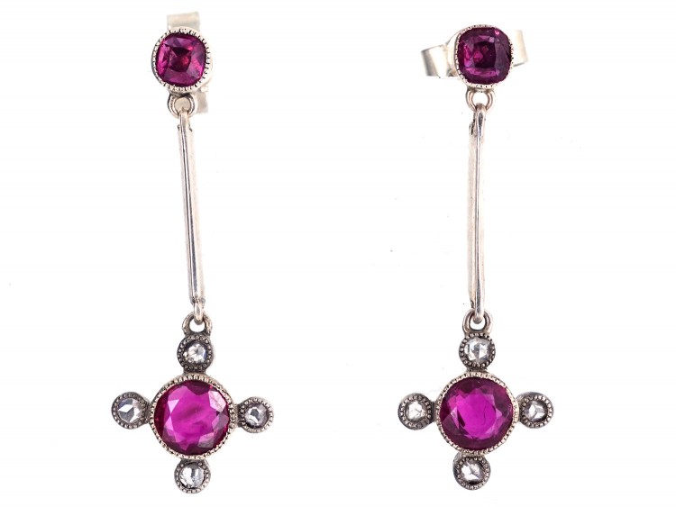 Edwardian 18ct White Gold Ruby & Diamond Drop Earrings
