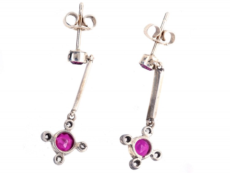 Edwardian 18ct White Gold Ruby & Diamond Drop Earrings