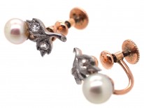 Edwardian Natural Pearl & Diamond Screw on Earrings