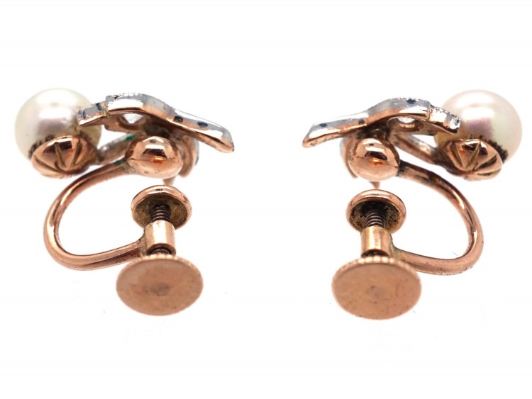 Edwardian Natural Pearl & Diamond Screw on Earrings
